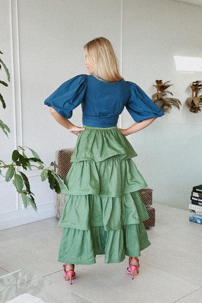 LA DAME KALE GREEN SIGNITURE RUFFLE SKIRT