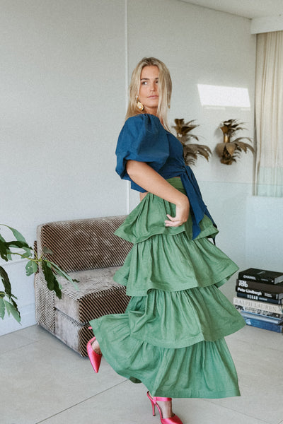 LA DAME KALE GREEN SIGNITURE RUFFLE SKIRT