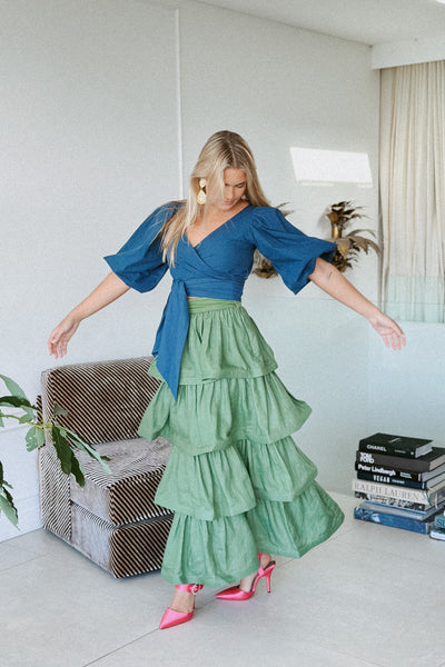 LA DAME KALE GREEN SIGNITURE RUFFLE SKIRT