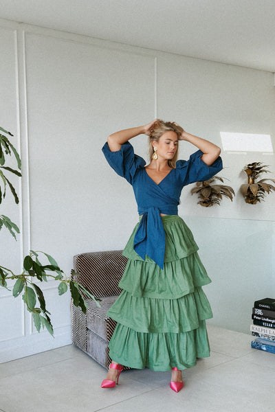 LA DAME KALE GREEN SIGNITURE RUFFLE SKIRT