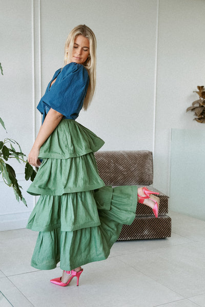 LA DAME KALE GREEN SIGNITURE RUFFLE SKIRT