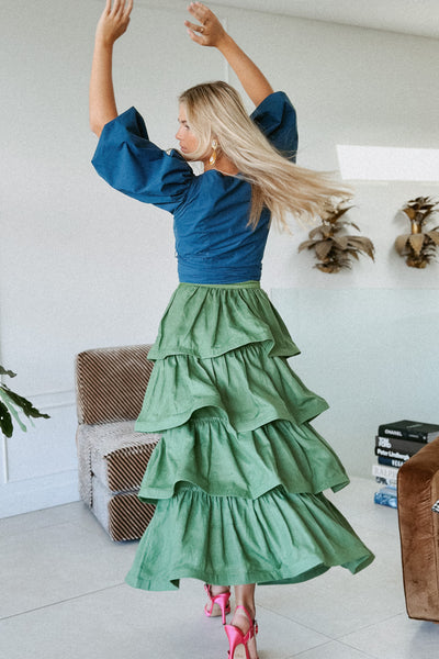 LA DAME KALE GREEN SIGNITURE RUFFLE SKIRT