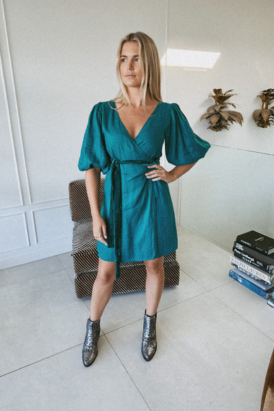 LA DAME TEAL WRAP DRESS
