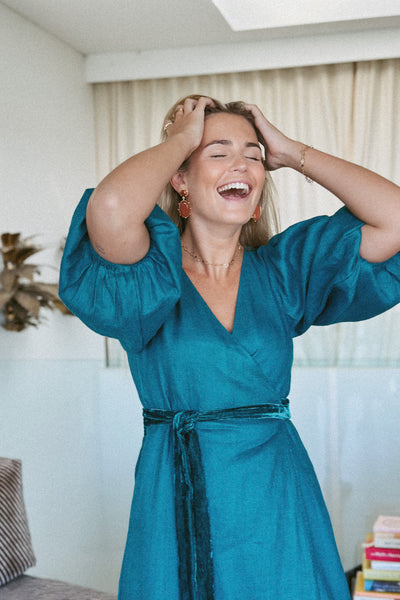 LA DAME TEAL WRAP DRESS