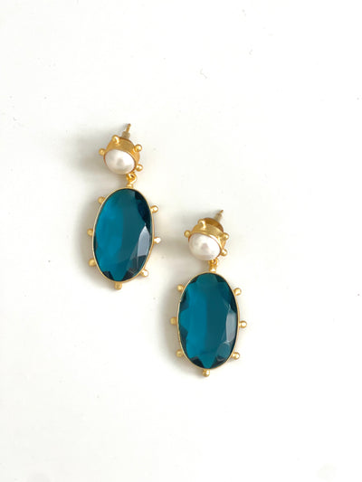 CARRA EARRINGS PEARL WITH TEAL BLUE QUARTZ