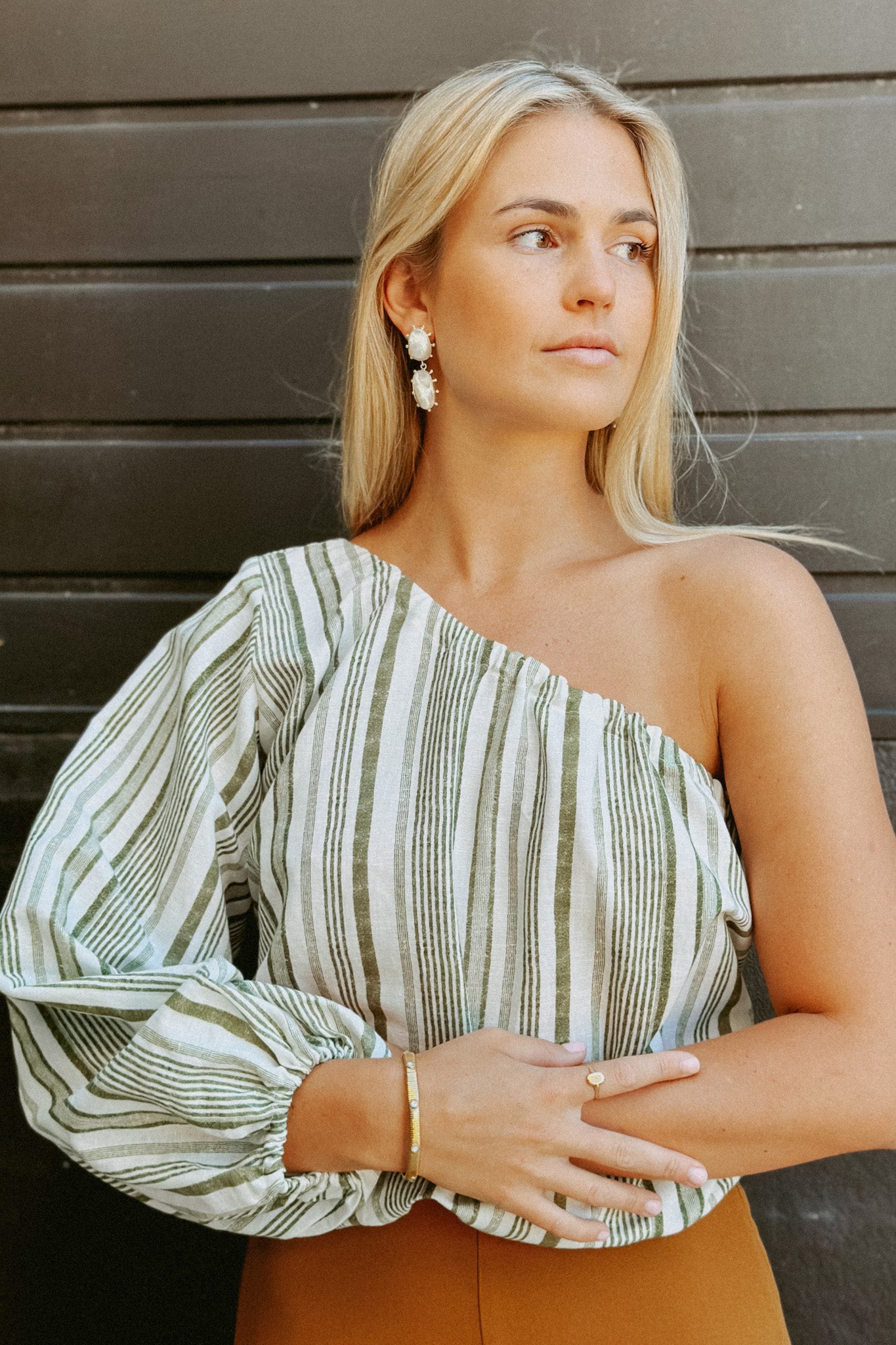 JAYA OFF SHOULDER TOP GREEN STRIPE