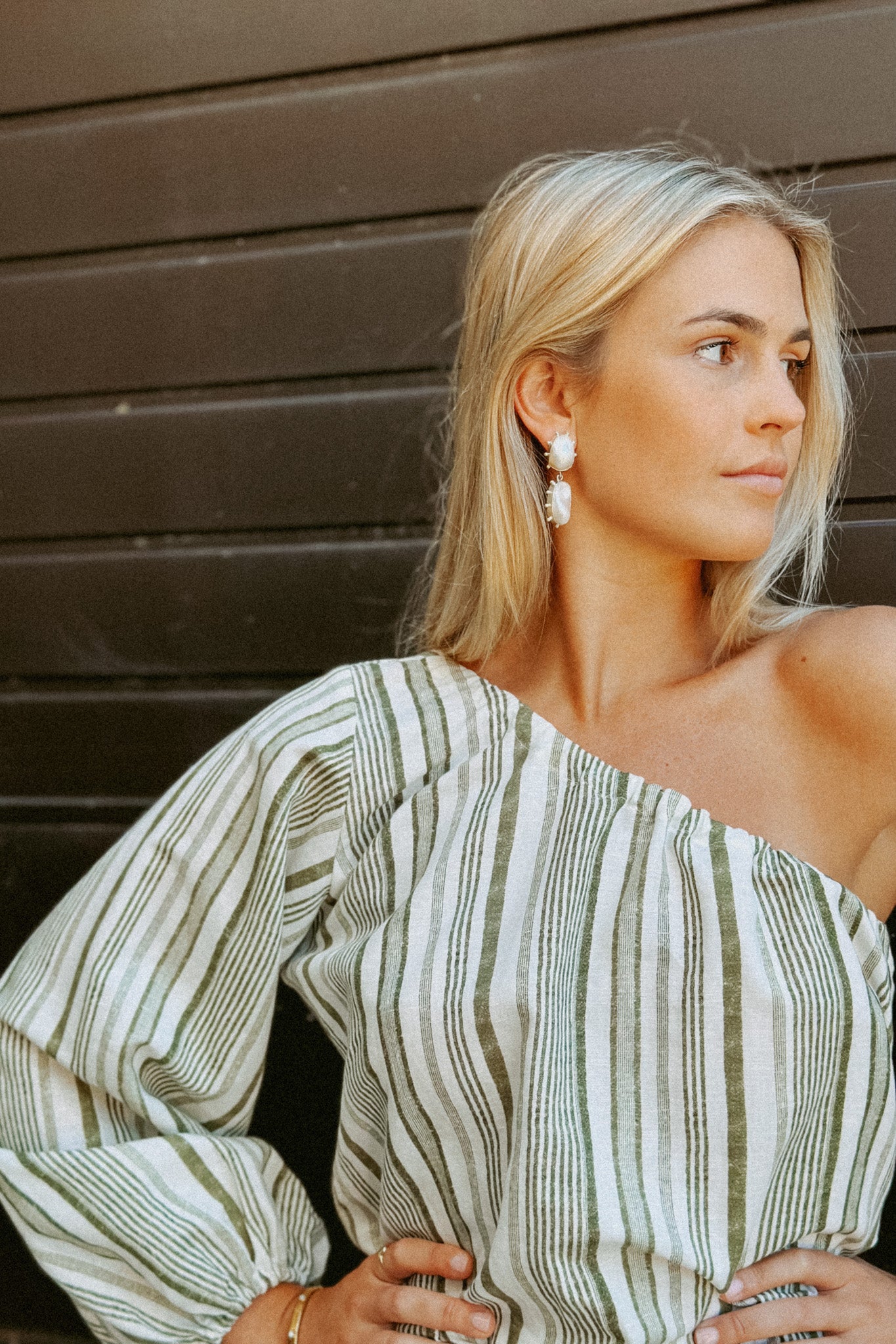 JAYA OFF SHOULDER TOP GREEN STRIPE