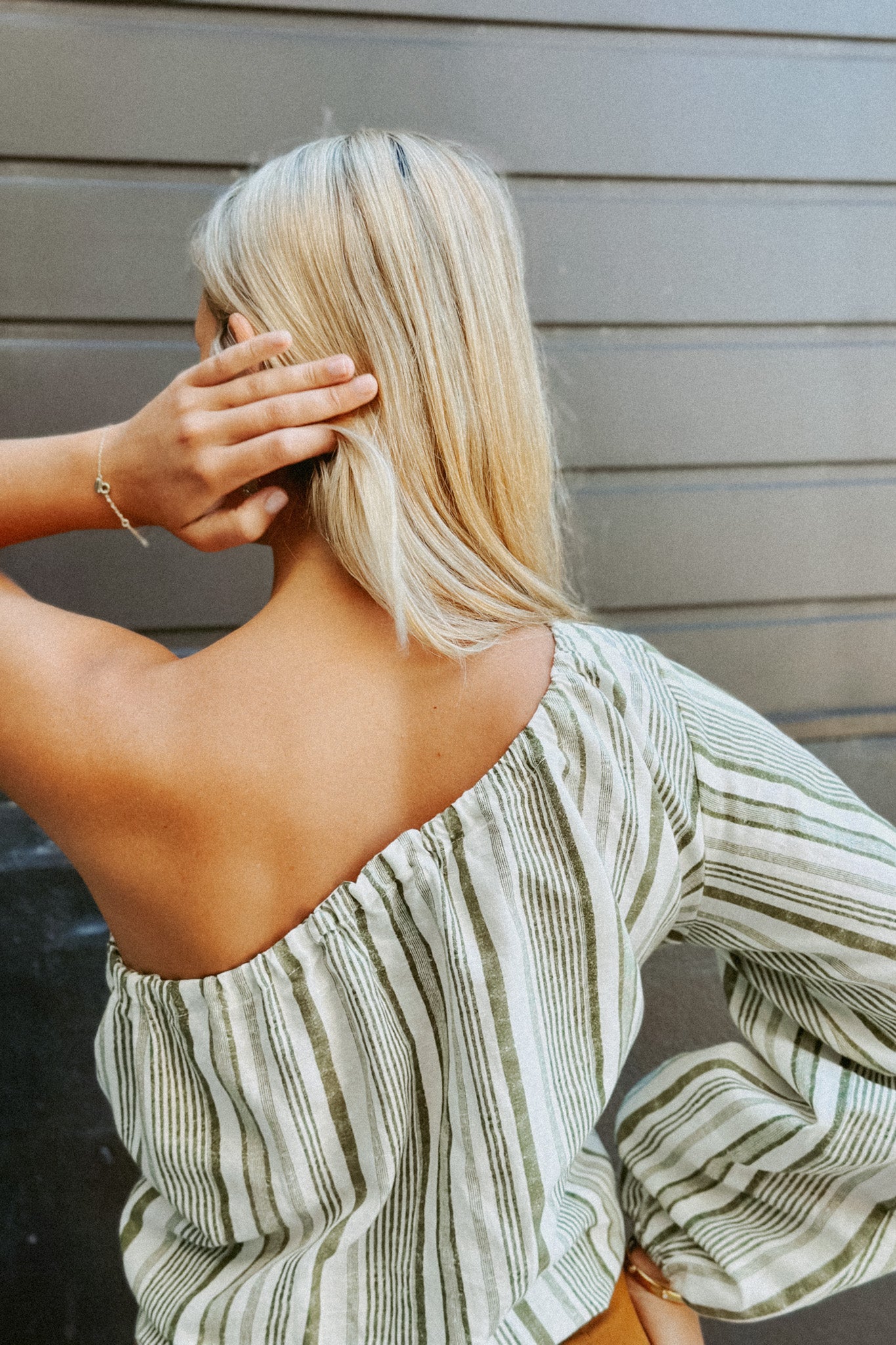 JAYA OFF SHOULDER TOP GREEN STRIPE