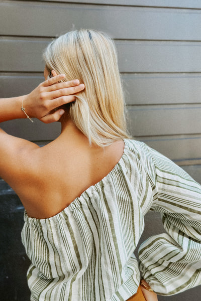 JAYA OFF SHOULDER TOP GREEN STRIPE